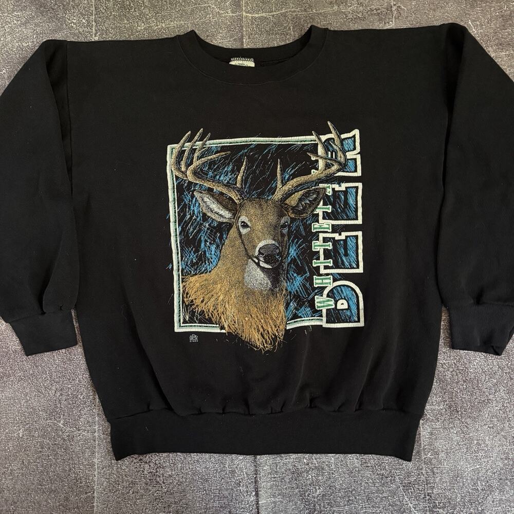 Men's Vintage 90's Cotton Grove Whitetail Deer Black Crewneck Sweatshirt Sz L